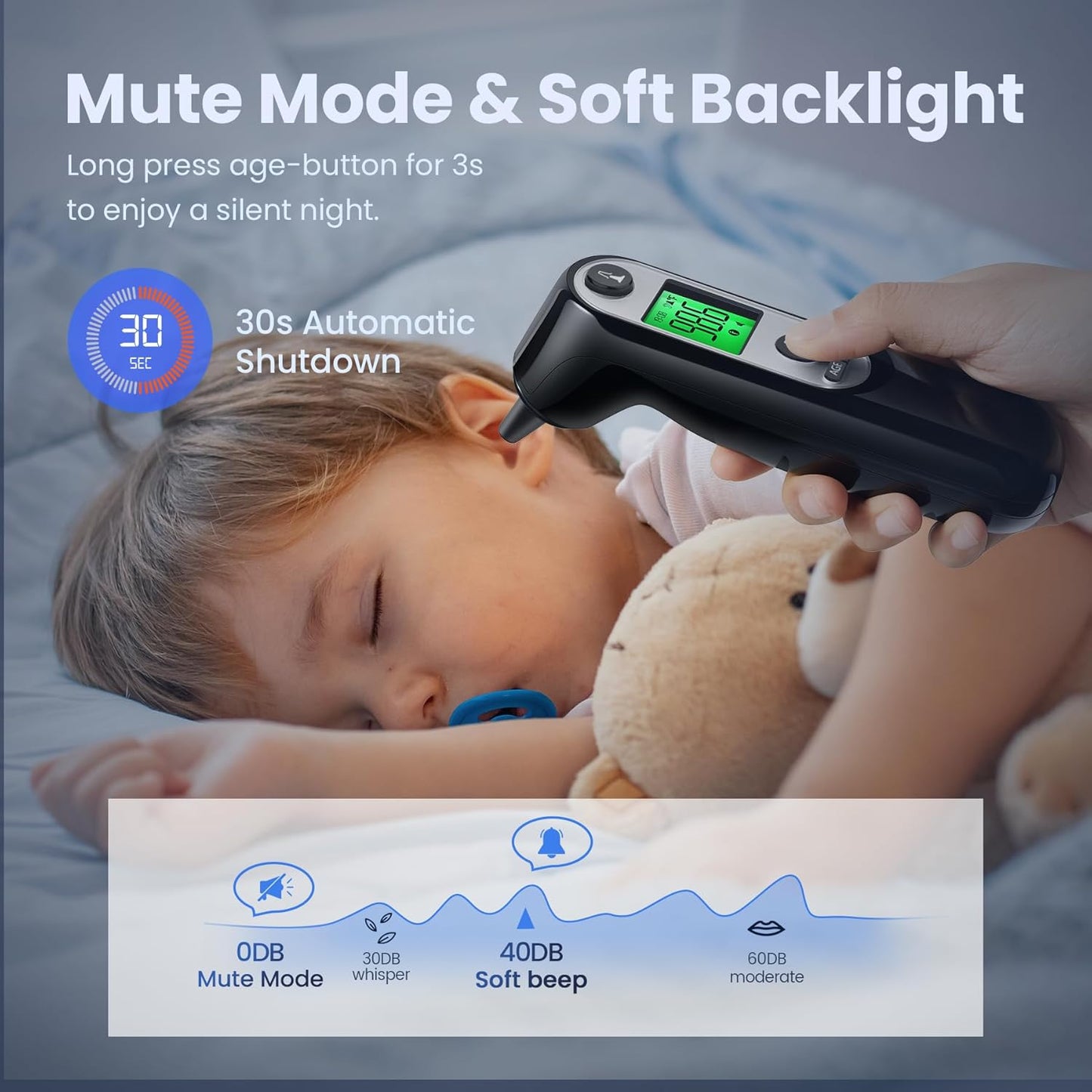 Ear Thermometer for Kids, Babies and Adults, 1 Second Accurate Digital Thermometer, Mute Function