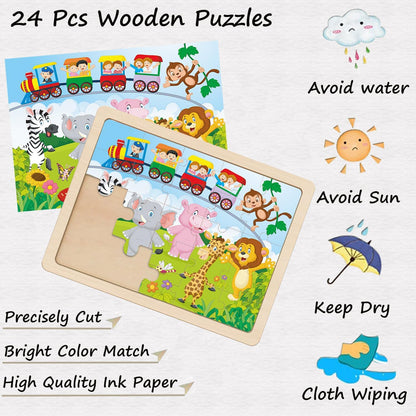 Wooden Puzzles for Kids Ages 4-6, 4 PCs 24 Animals Cars Farm Dinosaur World Jigsaw Puzzles, Preschool Educational Brain Teaser Toys for 3 4 5 6 7 8 Years Old