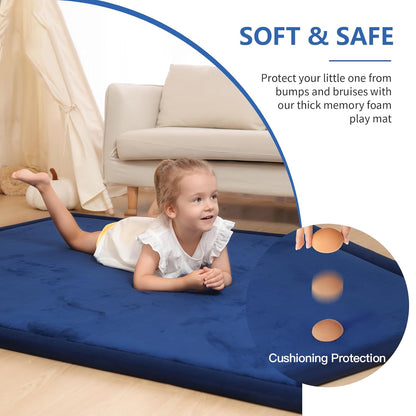 Baby Play Mat for Floor,1.3" Thick Memory foam Tummy Time Mat,Soft Coral Velvet Nursery Rug,Extra Large Non Slip Crawling Mat for Toddlers,Infants,kids,Yoga Mat,Tatami Mat for Living Room(Royal Blue)