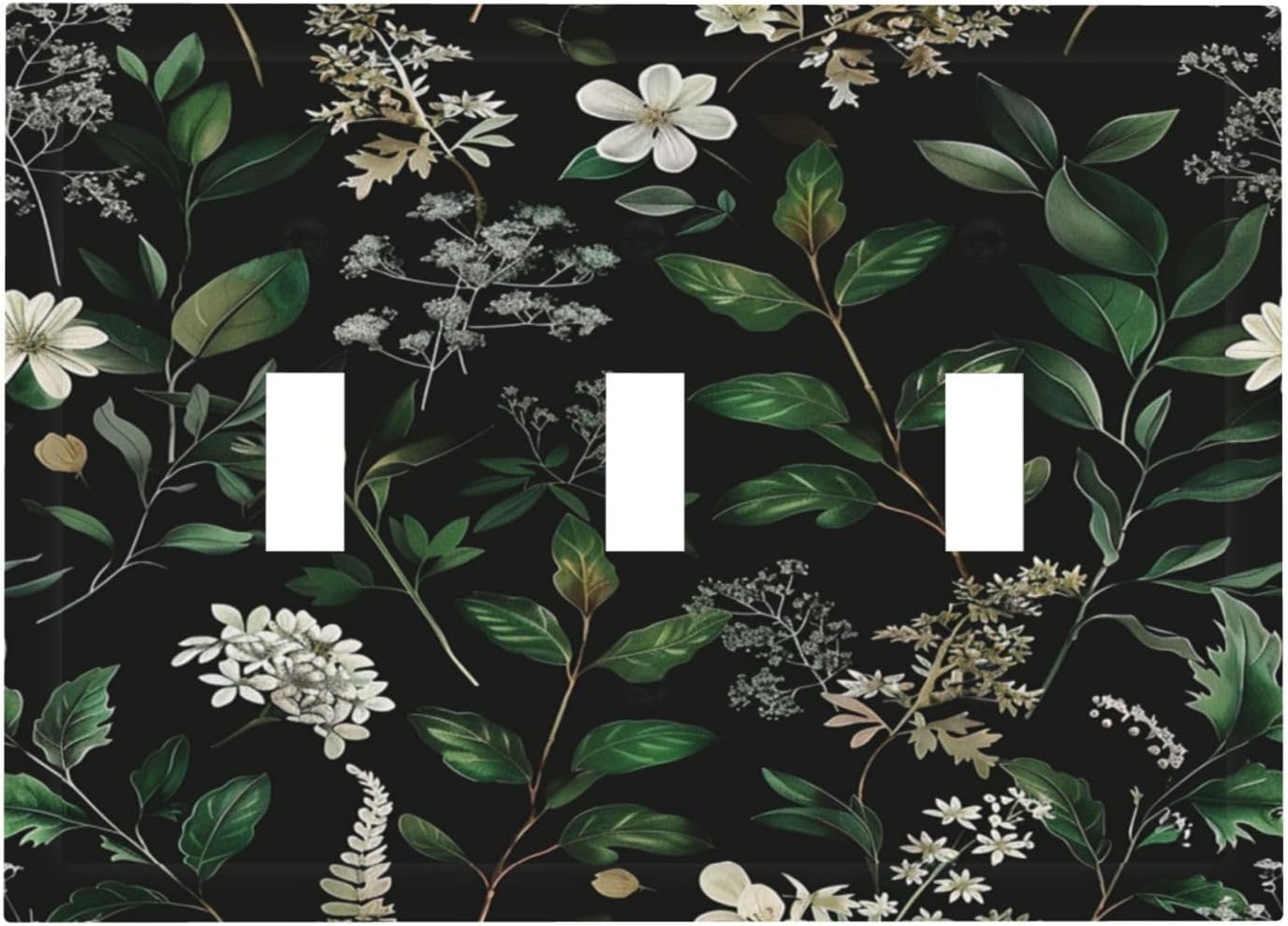 Decorative Switch Covers Plate Rustic Green Leaves White Flower 3 Gang Artistic Wall Plate Unique Triple Toggle Light Switch Plate Jumbo Faceplate for Country Bedroom Home Decor