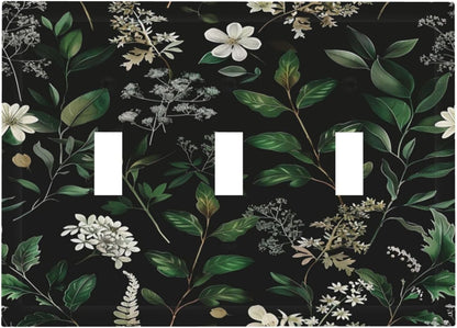 Decorative Switch Covers Plate Rustic Green Leaves White Flower 3 Gang Artistic Wall Plate Unique Triple Toggle Light Switch Plate Jumbo Faceplate for Country Bedroom Home Decor
