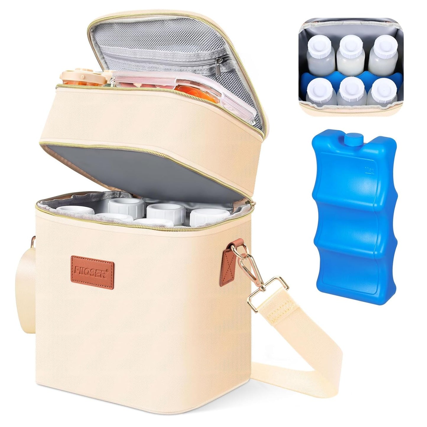 PIIOSER Breastmilk Cooler Bag with Ice Pack Fits 6 Baby Bottles Up to 9 Ounce, Insulated Baby