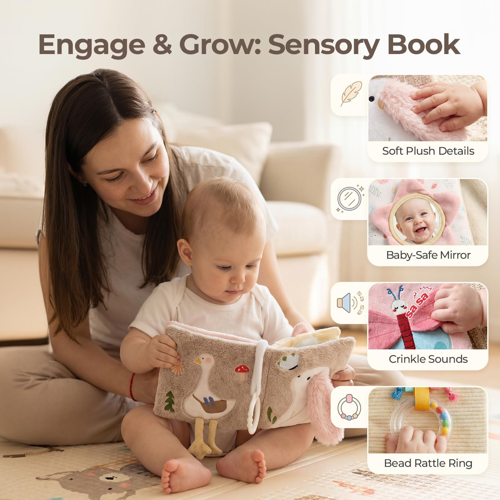 let's make Soft Baby Book, Sensory Crinkle Cloth Books for Babies 0-6 6-12 Months, Animal Tummy