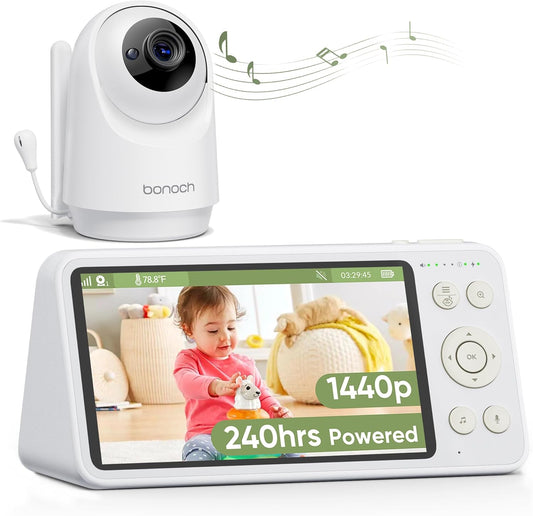 bonoch 5.5" 1440p Baby Monitor with Camera and Audio, No WiFi Baby Camera, 240h Lasting, Smart Detect Sleep Turn Over/Cry/Motion, 7800mAh, Hack Proof Video Monitor, Built-in Sound Machine White Noise