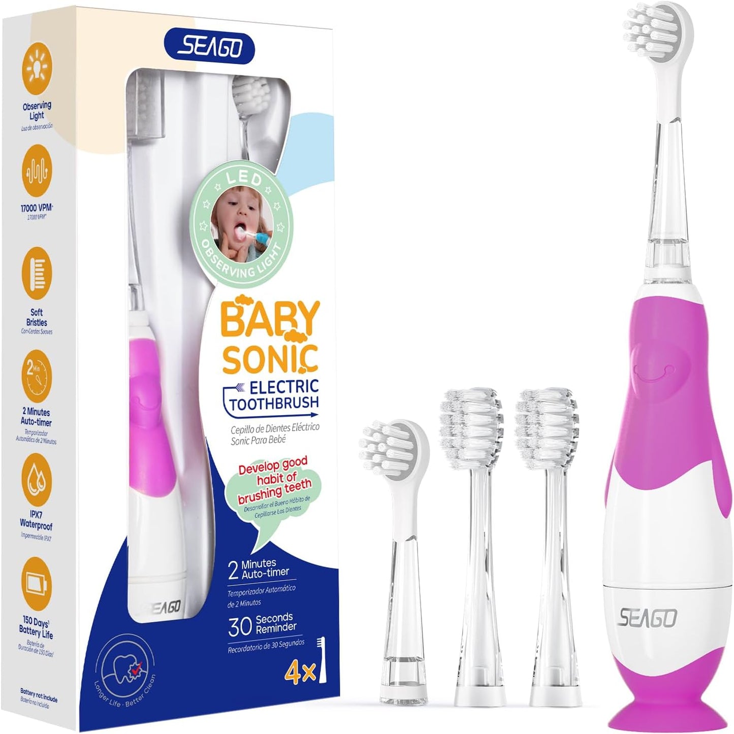 SEAGO Toddler Electric Toothbrushes for Baby Ages 0-3 Years, Baby Toothbrush with Smart Timer and