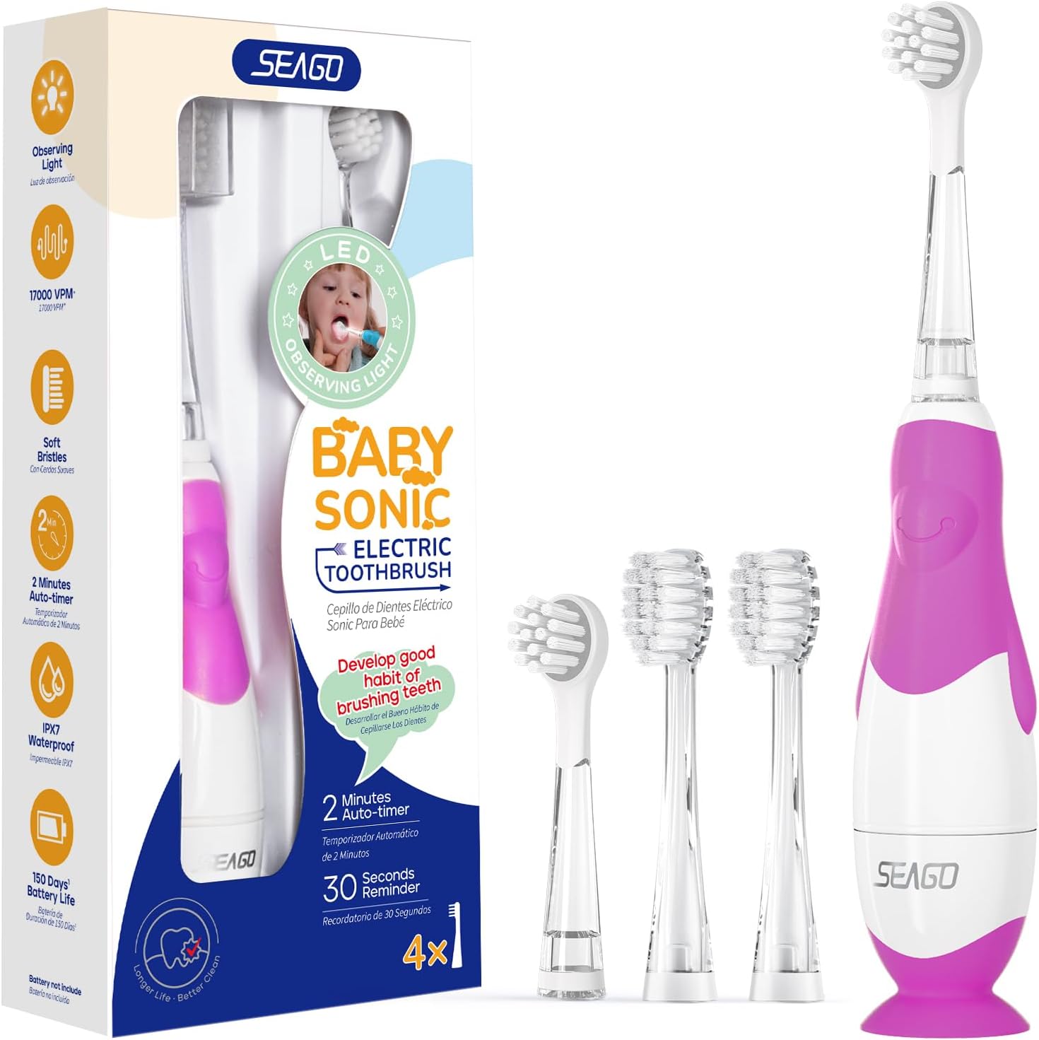 SEAGO Toddler Electric Toothbrushes for Baby Ages 0-3 Years, Baby Toothbrush with Smart Timer and