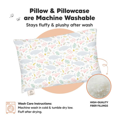 KeaBabies Toddler Pillow with Pillowcase, Jumbo 14X20 - Soft Organic Cotton Toddler Pillows for Sleeping - Machine Washable - Perfect for Travel, Toddler Bed Set (Narwhal)