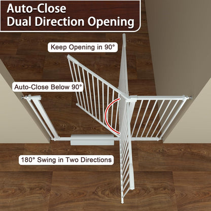 DEARBB Extra Wide Baby Gate Ultra Narrow Spacing 30.11-77.36" Pressure Mounted Double Lock Swing Auto Close Walk Through Metal Safety Pet Gate for Stairs and House Doorway Kitchen
