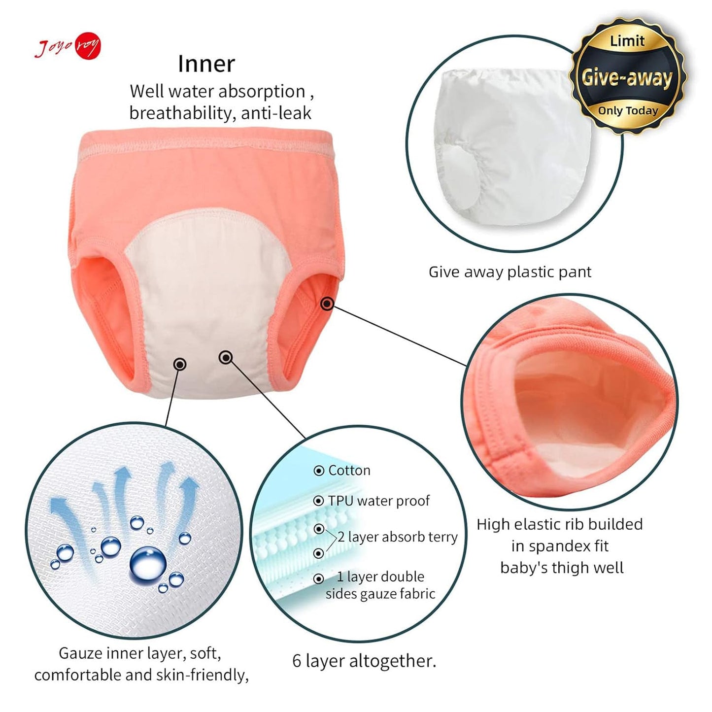 Joyo roy 6Pcs Potty Training Underwear 2T-3T 100% Cotton Soft Absorbent Toddler Toilet Training Pants Waterproof Toddler Underwear Girls 3T Baby Pee Pants with Potty Sticker Chart for Kids