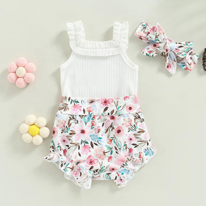 fhutpw Baby Girl Clothes Summer Cute Outfits 3 6 12 18 Months Spaghetti Strap Romper & Floarl Shorts Sets