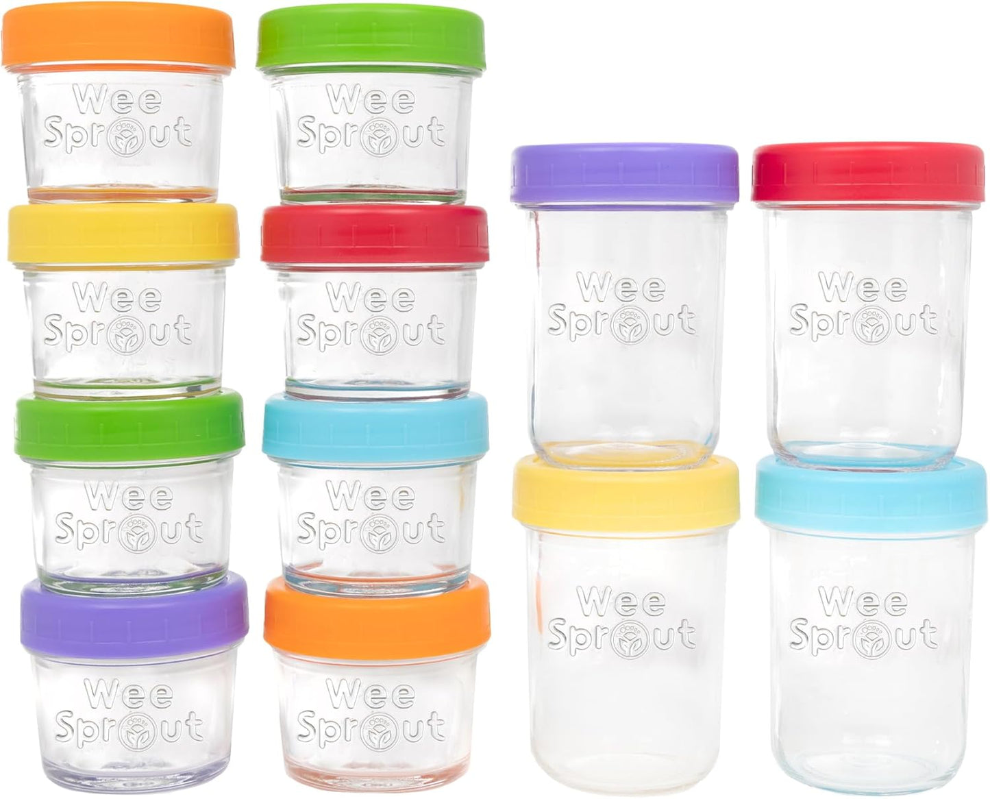 WeeSprout Glass Baby Food Storage Jars - 12 Set, 4 oz/8 oz Baby Food Jars, Plastic Lids, Freezer