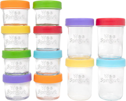 WeeSprout Glass Baby Food Storage Jars - 12 Set, 4 oz/8 oz Baby Food Jars, Plastic Lids, Freezer