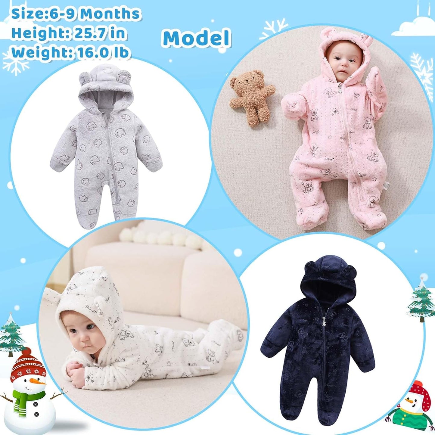 Fairy Baby Newborn Baby Bear Onesie Thin Fleece Footie Romper Snowsuit Hooded Jumpsuit Bodysuit Winter Outwear Boy Girl 0-12M