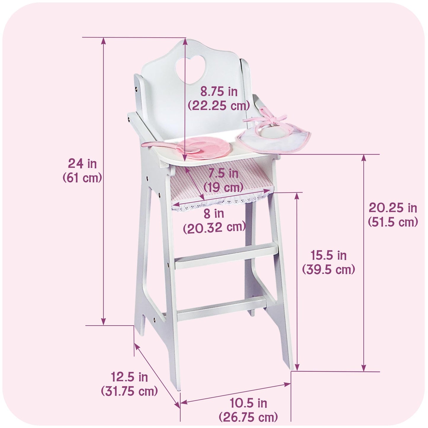 Badger Basket Wooden Baby Doll High Chair with Tray & Bib - White/Pink