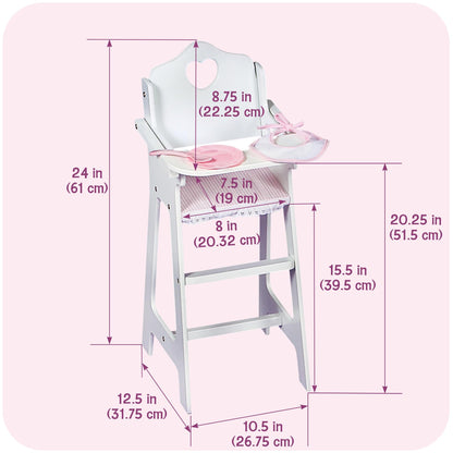 Badger Basket Wooden Baby Doll High Chair with Tray & Bib - White/Pink