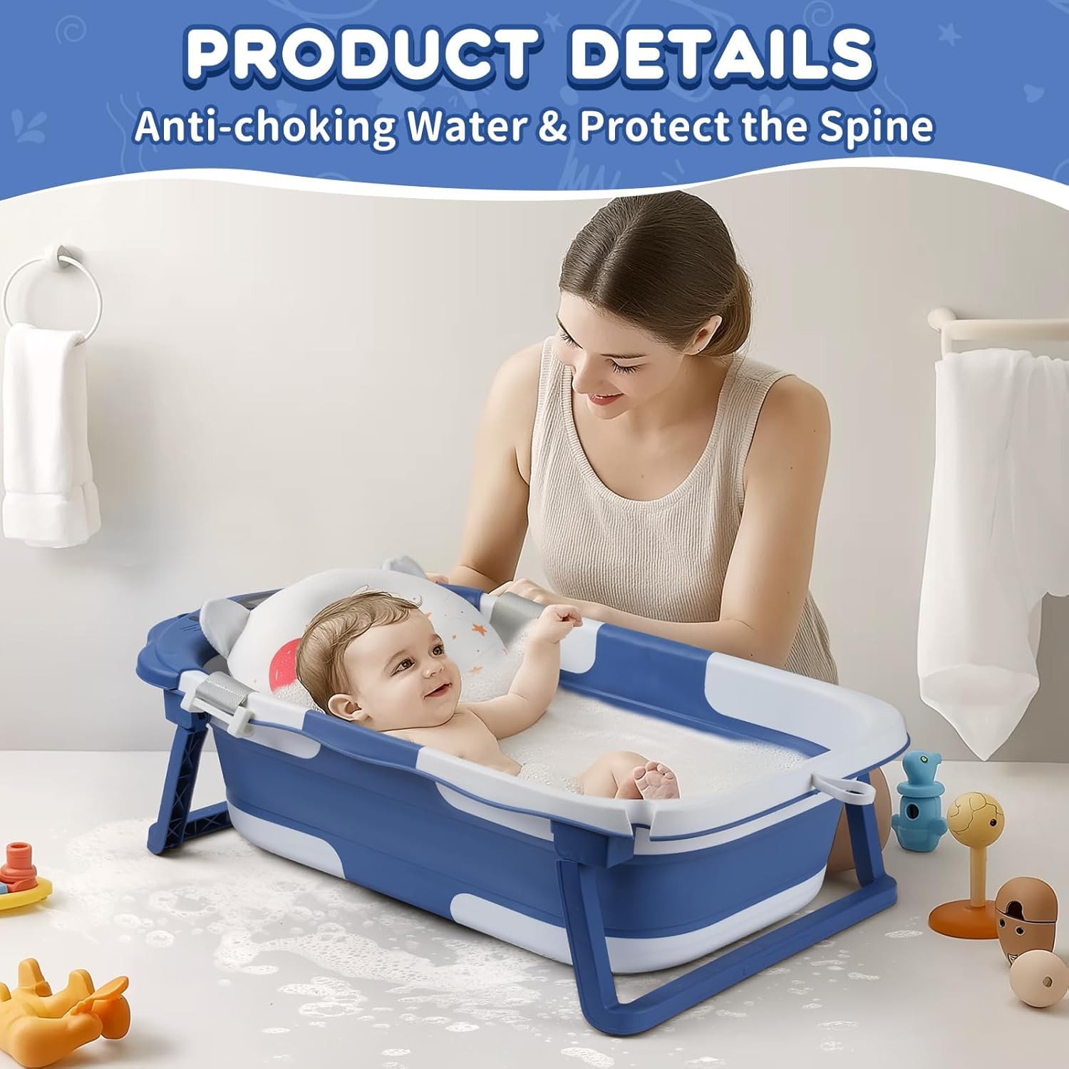 Baby Bathtub,Collapsible Baby Bath Tub with Thermometer & Soft Floating Cushion,Portable Travel