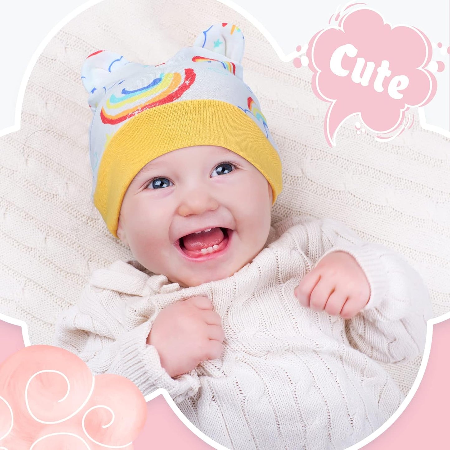 Geyoga 6 Pieces Newborn Baby Hat Bear Ears Infant Caps Baby Boy Girl Toddler Hats Infant Beanie Caps for 0-3 Months