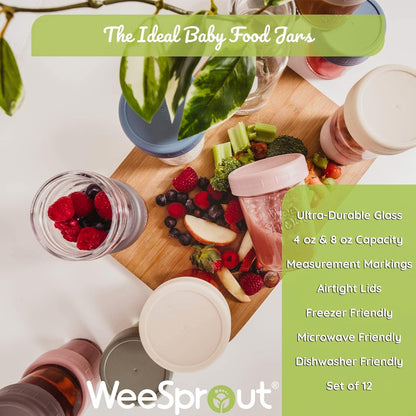 WeeSprout Glass Baby Food Storage Jars w/ Lids (4/8 oz, 12 Pack Set) Snack, Reusable Small