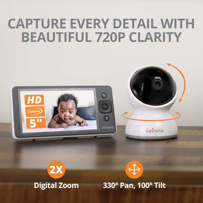 Levana Ella Video Baby Monitor, 5'' 720P Screen, PTZ Camera, 4 Days Battery Life, 3800mAh Battery, Night Vision, Two-Way Talk, No WiFi, 1000ft. Long Range Baby Monitor with Premium Carrying Case