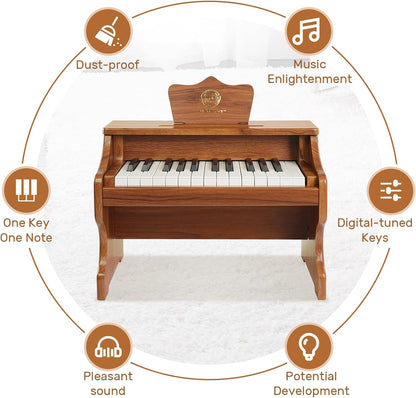 Wood City Wooden Piano Toys (25 Keys) Mini Music Educational Instrument Toy Toddler Baby Kids Piano Keyboard with Music Stand and Color Coded Keyboard Stickers for 3-7 Year Old