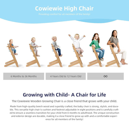Cowiewie Natural Wooden High Chair for Babies & Toddlers 3-Tier Remove & Adjustable Tray, 8