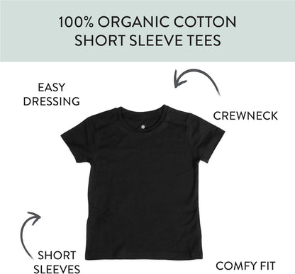 HonestBaby 5-Pack Short Sleeve T-Shirts 100% Organic Cotton Baby, Toddler, Little Kid, Boy, Girl, Unisex