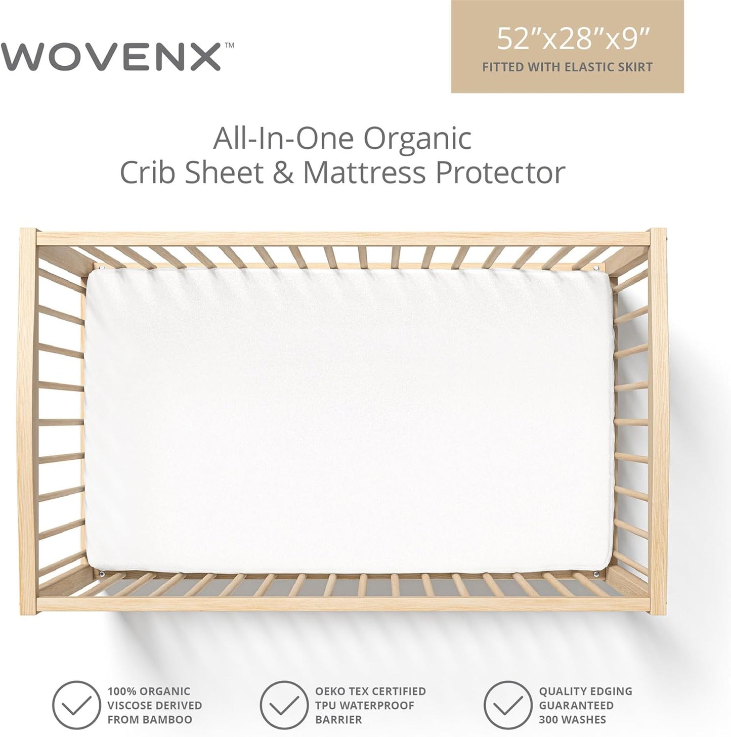 Organic All in One Crib Sheet and Mattress Protector - Waterproof Protectors - Reusable Washable – Fits Cribs – 52”x28”- with 9” Skirt White