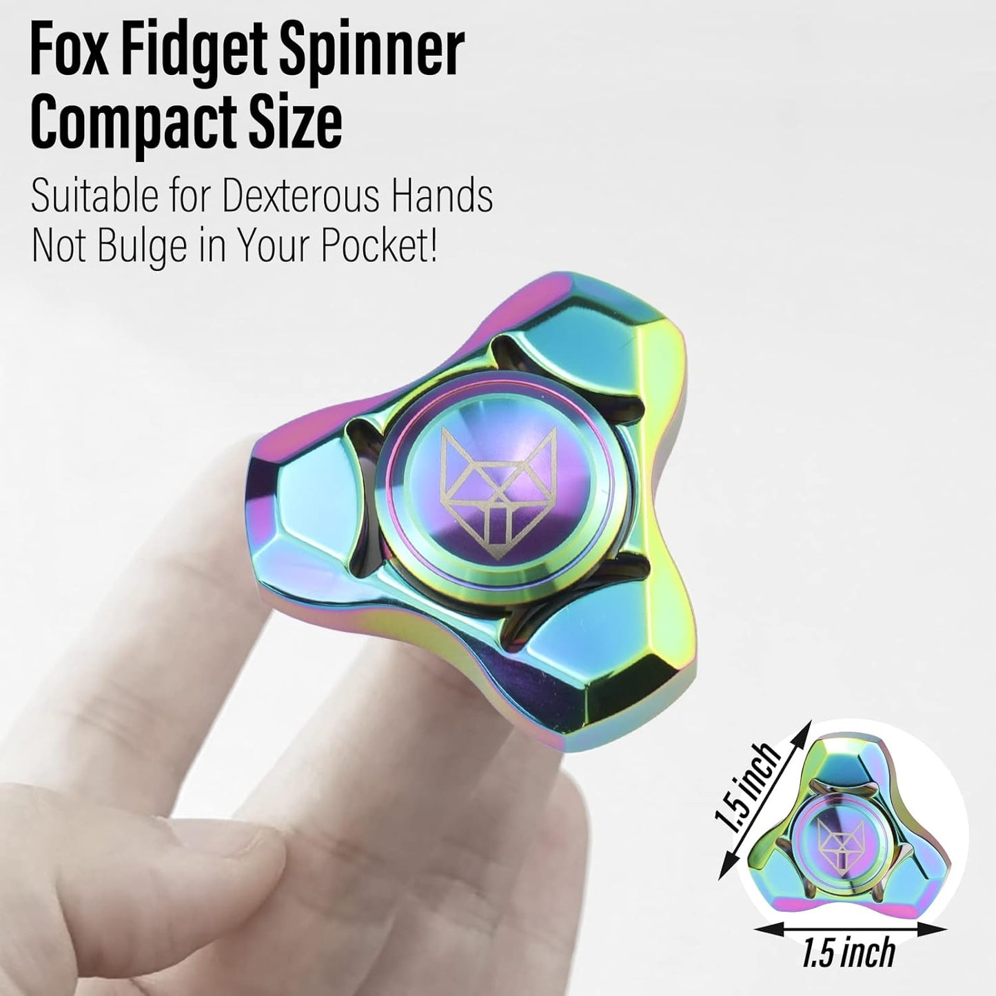 FREELOVE Metal Fidget Spinner, Stainless Steel Heavy, Long Spinning Toys, Cool Silent, Small Mini Fox Figette Spiner for Adults Men Anxiety, Quiet Bearing, Rainbow