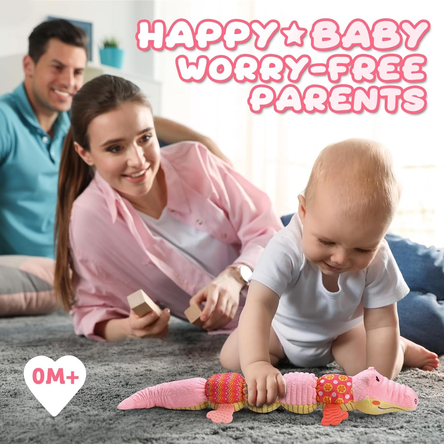 Baby Toys 0 to 12 Months, Musical Stuffed Animal Activity Soft Toys with Multi-Sensory Crinkle, Rattle and Textures,Infant Tummy Time Toys for Newborn Boys Girls, Crocodile, Pink