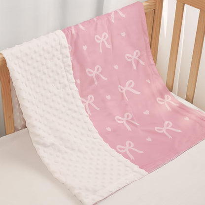 Bow Minky Baby Blanket 30 x 40 Inches for Girls, Soft Plush Receiving Blanket with Dotted Back