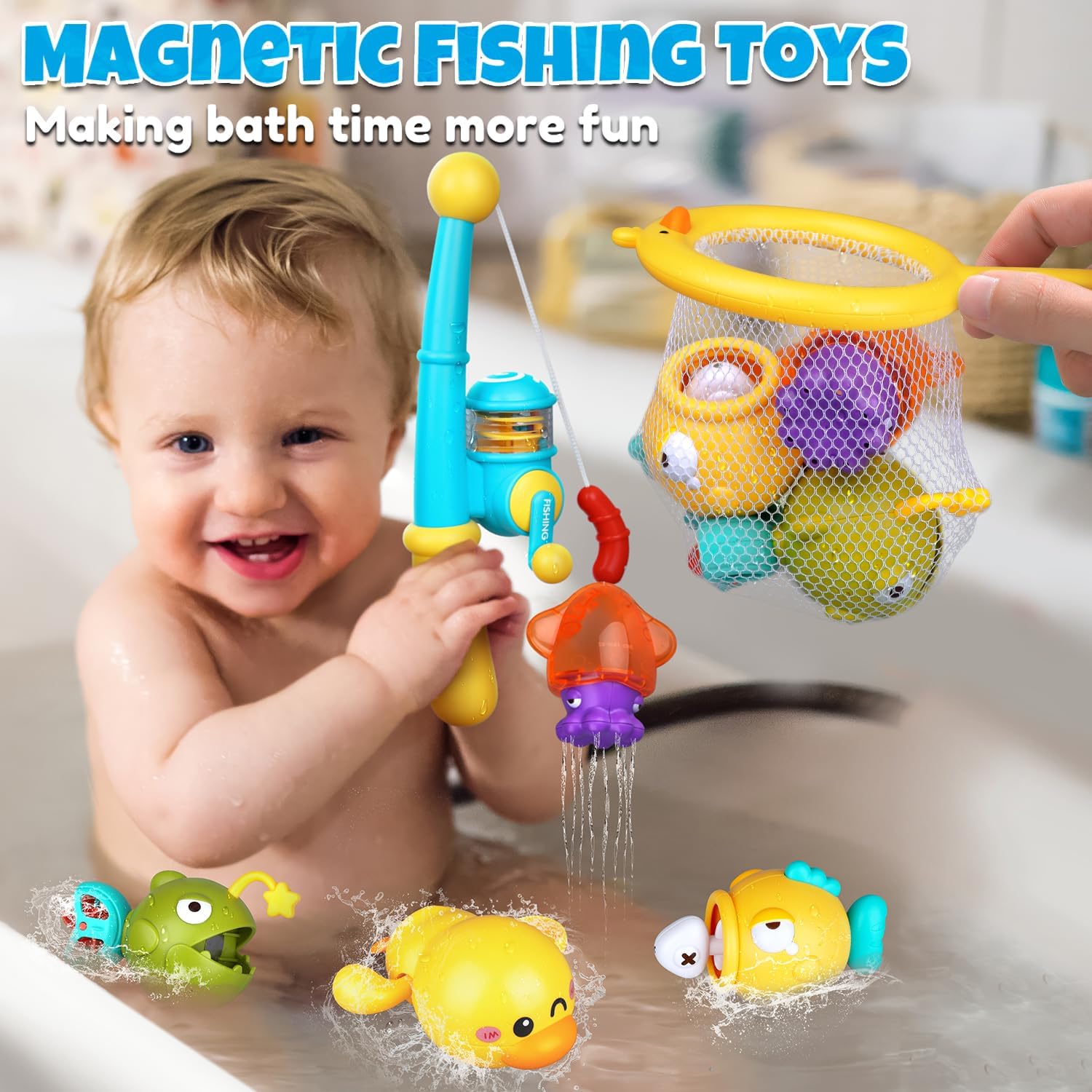 Baby Bath Toys for Kids Ages 1-3, Magnetic Fishing Games with Floating Bathtub Wind-Up Toys &