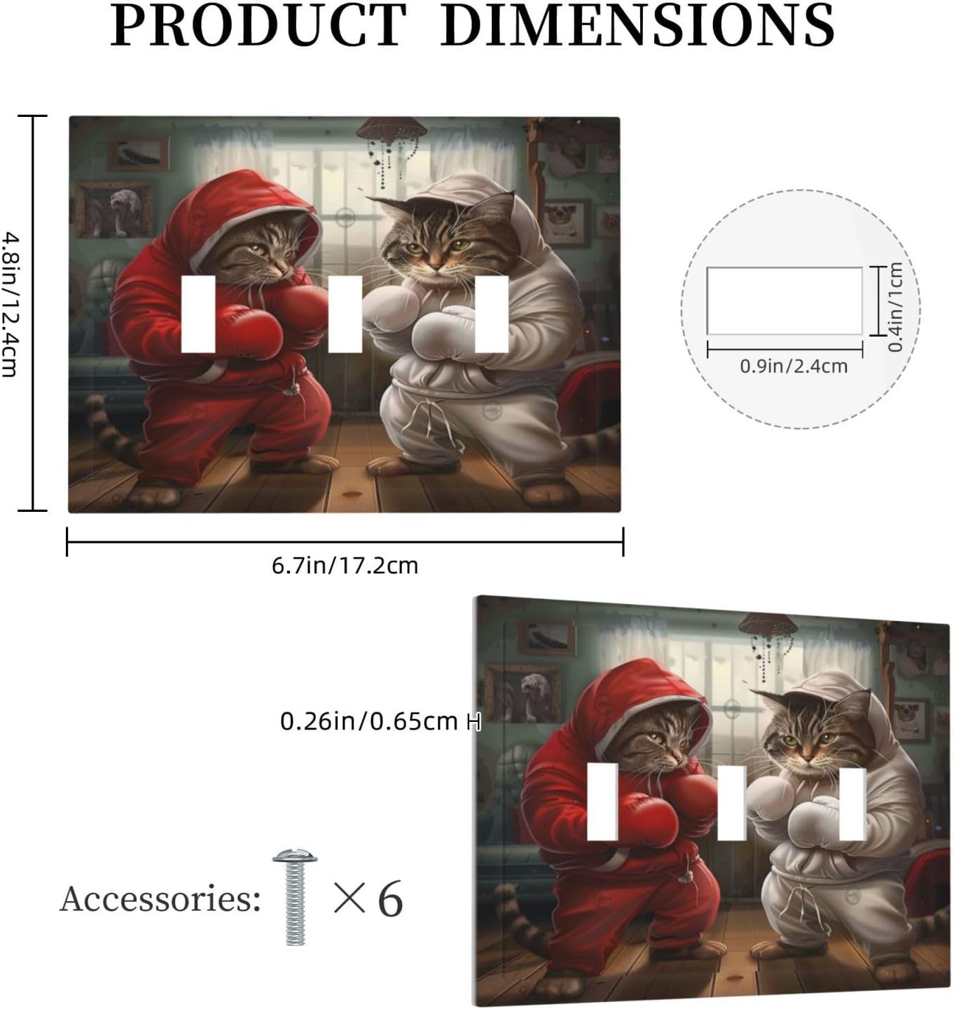 Decorative Switch Covers Plate Funny Red Boxing Cats White Tomcat 3 Gang Artistic Wall Plate Unique Triple Toggle Light Switch Plate Jumbo Faceplate for Bedroom Home Decor