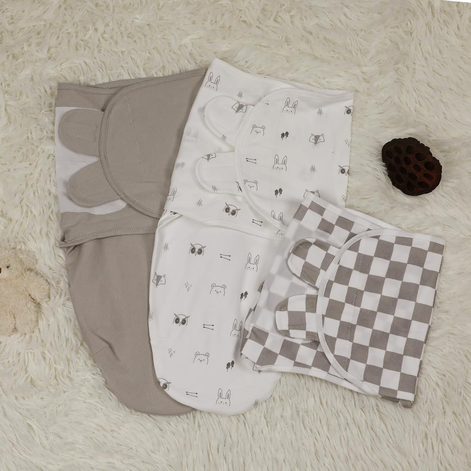 Baby Swaddle Sacks, 3-Pack Newborn Organic Cotton Swaddle Wrap, Adjustable Swaddling Blankets