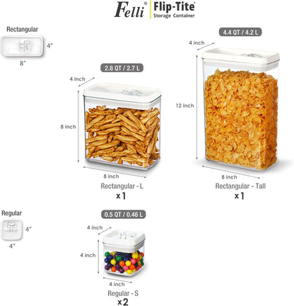 Felli Flip Tite Storage Container with Lid 4" RECTANGULAR Air Tight Ring Flip Top, Stackable