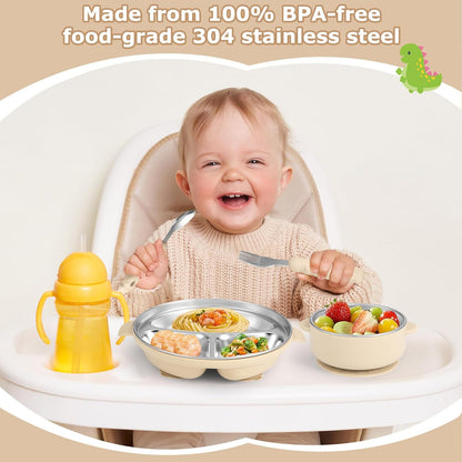 Stainless Steel Baby Plate and Bowl with Suction, Baby Bowl and Divided Kids Toddler Plate with Removable Silicone Shell, Non-Slip Toddler Baby Feeding Set, Forks + Spoons Included-Cream