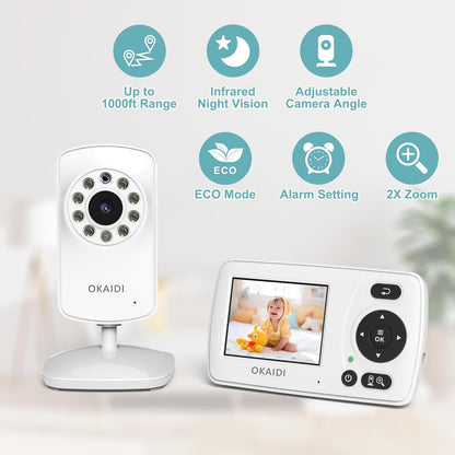 Video Baby Monitor with Camera and Audio, 2.4'' Portable Travel Baby Monitor No WiFi, Infrared Night Vision, VOX Mode, 1000ft Long Range, Ideal for Baby/Pet/Elderly
