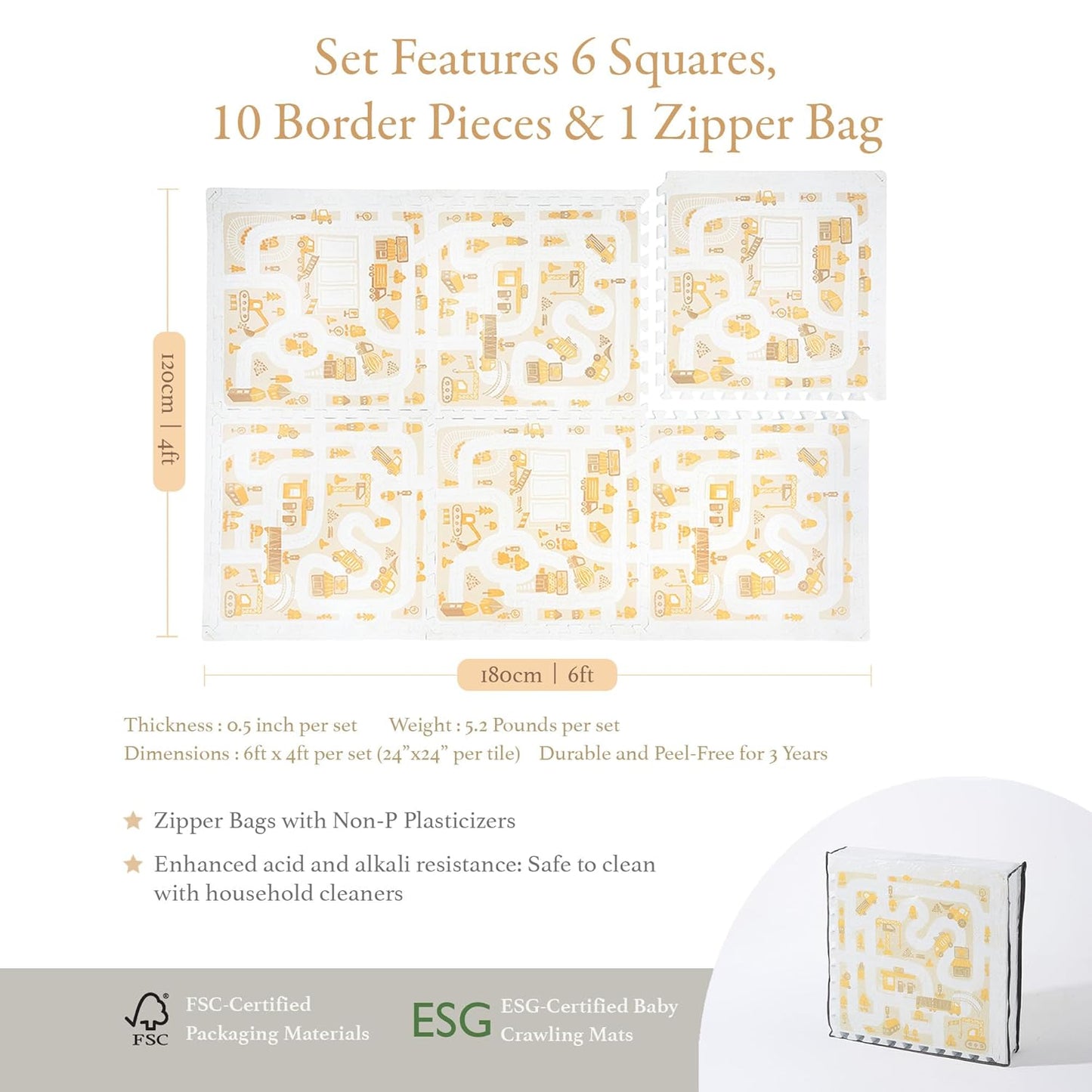 Premium Baby Foam Play Mats - Stylish Floor & Exercise Puzzle Mat for Toddlers and Kids- 6 Soft, Non-Toxic, Odorless, Peel-Resistant Foam Tiles - 6ft x 4ft - 0.5” inch Thick, Warm Beige