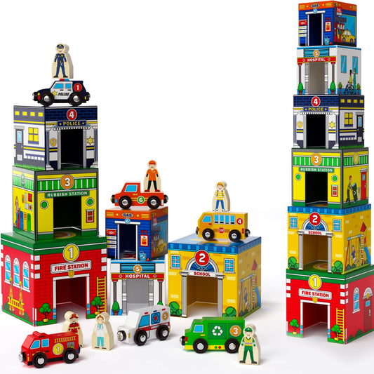 Atoylink Toddler Sorting and Stacking Toys with Magnetic Wooden Cars & Community Helpers, Baby