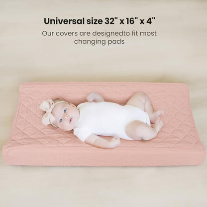 Konssy Waterproof Muslin Changing Pad Cover 2 Pack, Quilted Cotton Fitted Diaper Chang Table Cover, Soft Changing Pad Sheets for Girls Boys (Pink, Cream)