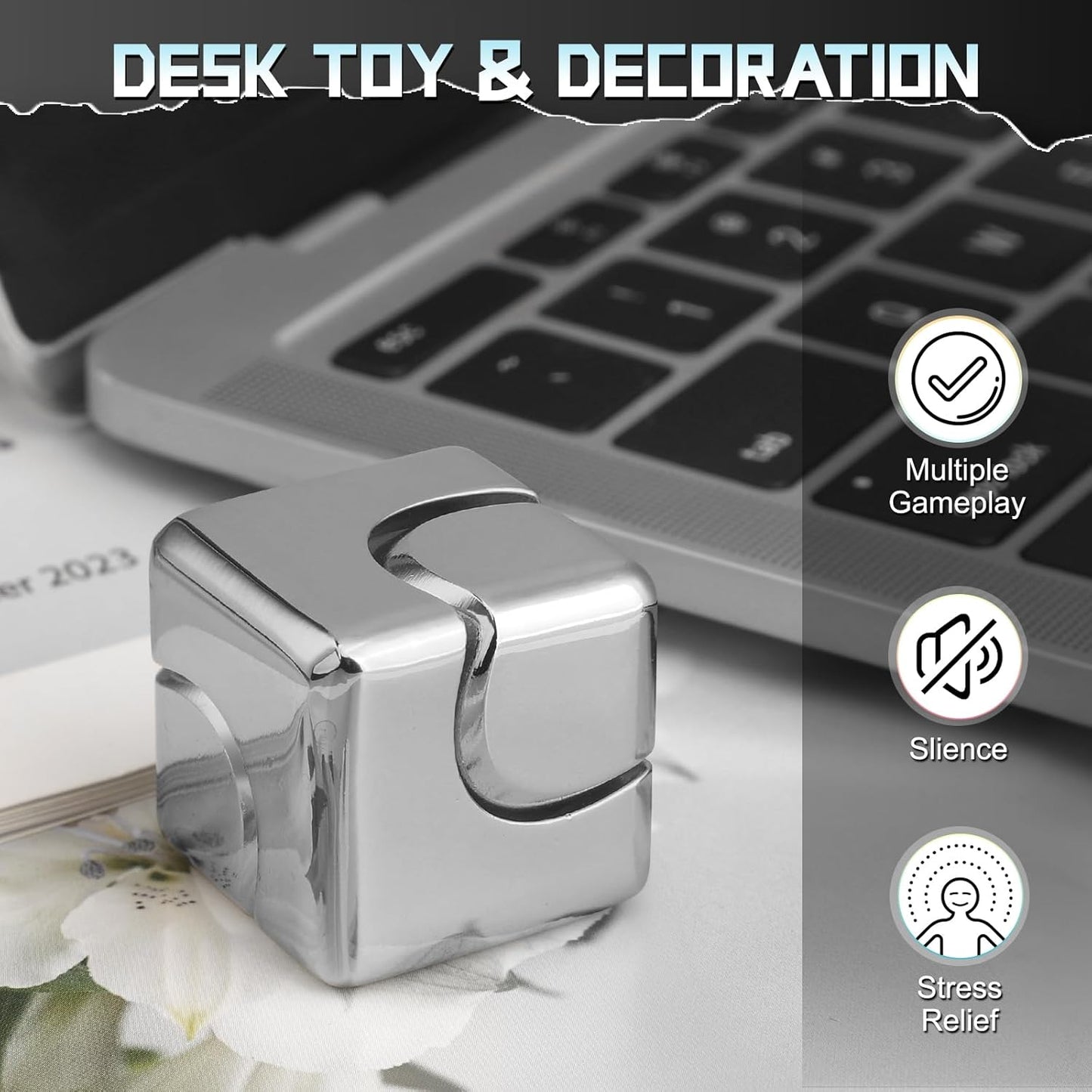 Fidget Cube Block Spinner Toy for Kid Adult, 2-in-1 Anodised Metal Hand Spinner Fidget Figit Gyro for Stress Relief, Cool EDC Spinning Top Desk Toy for Birthday Gift Classroom Prize