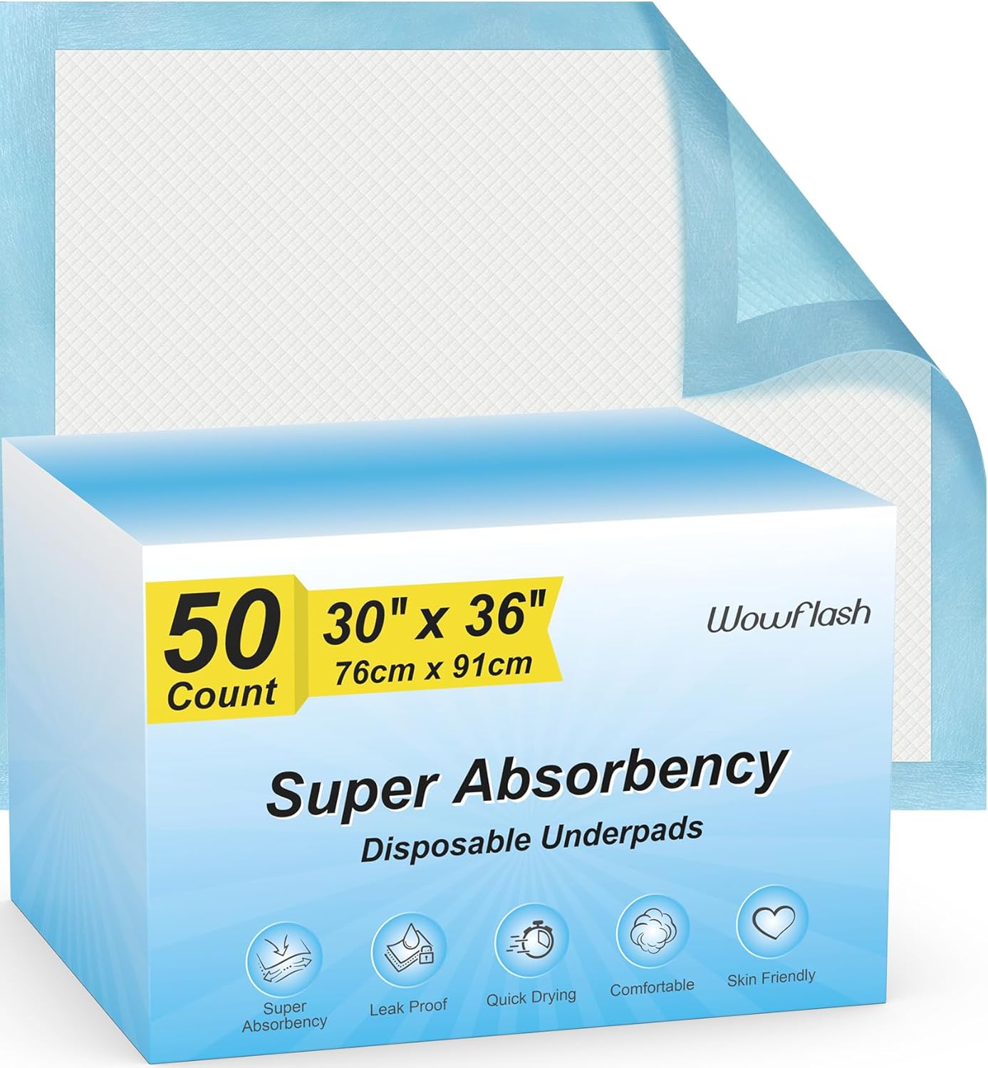 50 Count 30” x 36” Super Absorbency Disposable Underpads, Leakproof Quick Drying, Baby Puppy &