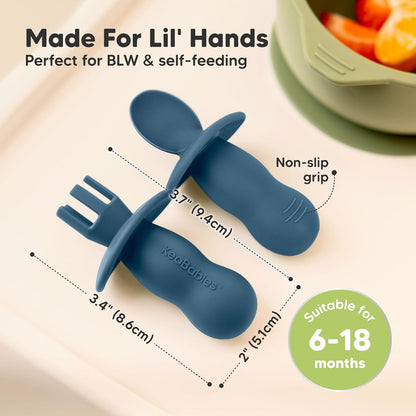 KeaBabies 4-Pack Silicone Baby Spoons and Forks Set - Baby Led Weaning Utensils 6-12 Months, Self Feeding Toddler Spoon & Fork for Training, Teething, Easy to Hold, BPA-Free Silicone (Valiant)