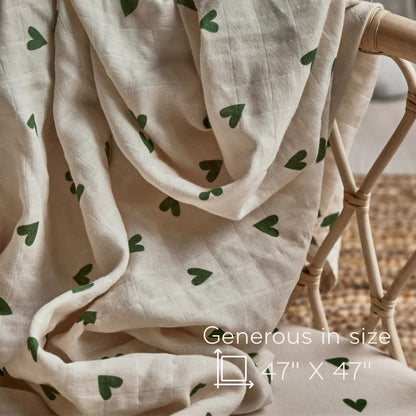 Swaddle - 100% Organic Cotton - Muslin Swaddle Blankets for Newborn, 47" x 47" (Green Hearts)
