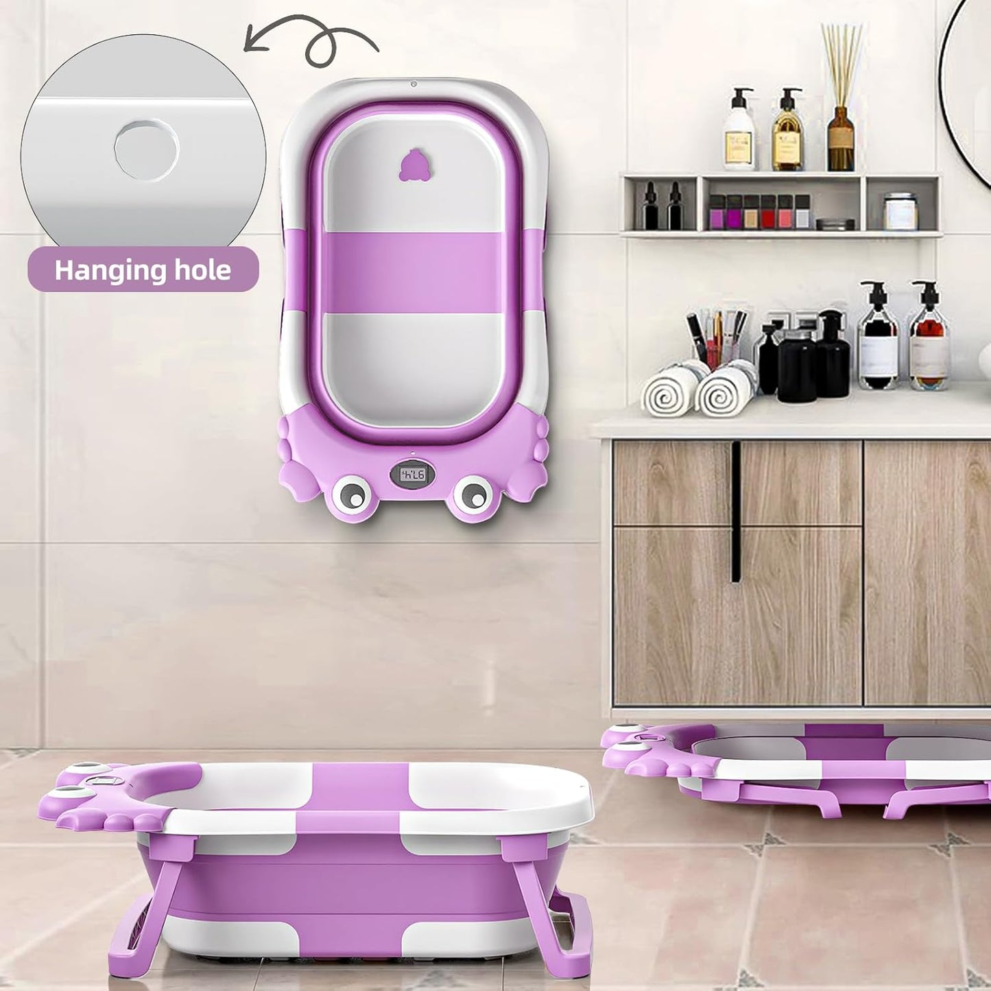 Collapsible Baby Bathtub for Infants to Toddler with Real-time Temp Monitor+Floating
