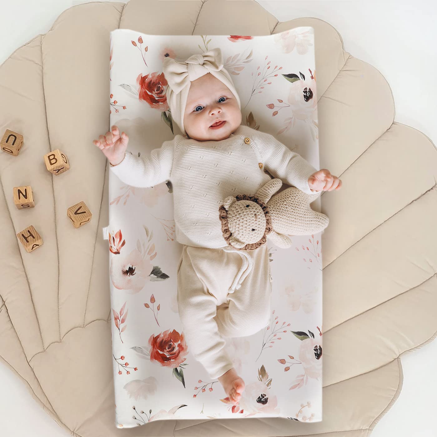 GRSSDER Stretch Ultra Soft Jersey Knit Changing Pad Cover Set 2 Pack, Change Table Pad Covers Fit 32"/34" x 16" Pads Safe and Snug, Pretty Watercolor Rose Flora for Baby Girls, Orange Pink