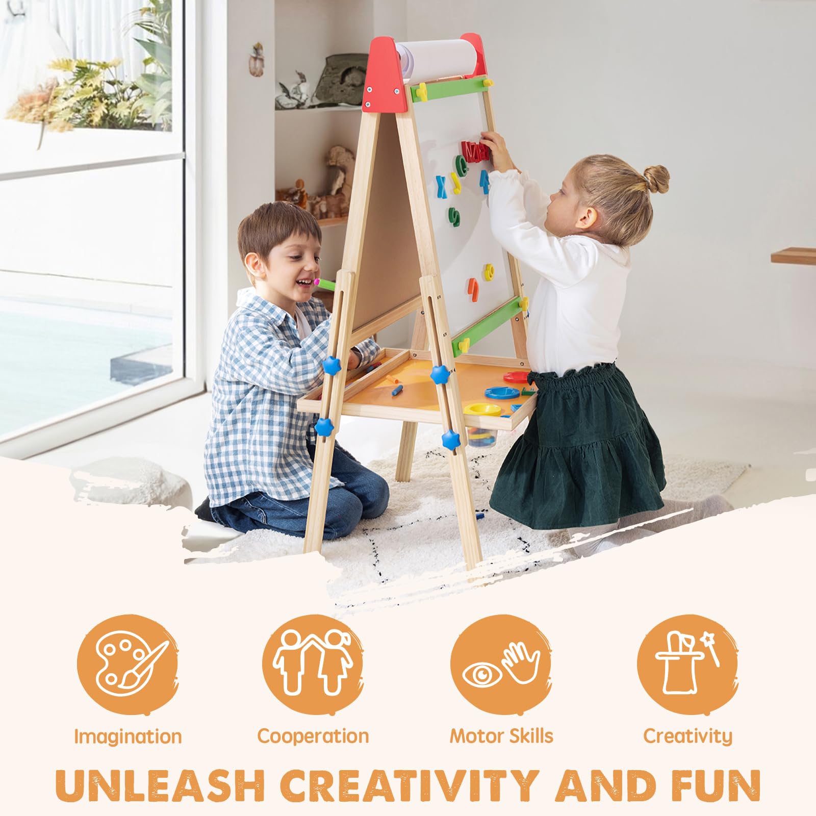 Tiny Land Wooden Easel for Kids, Art Easel with Chalkboard & Whiteboard