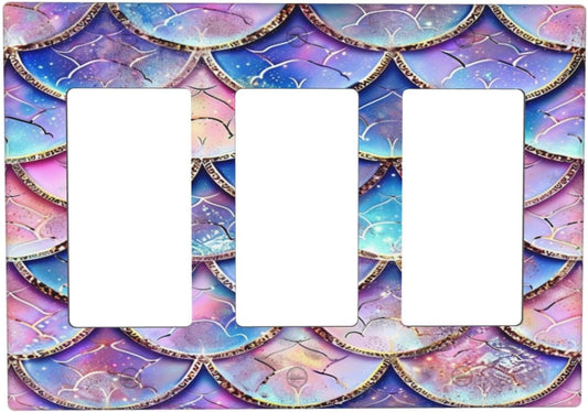 Decorative Outlet Covers Cute Pink Purple Mermaid Scales 3 Gang Wall Plate Triple Rocker Light Switch Cover Plate Jumbo Electrical GFCI Faceplate for Girlroom Bedroom Home Decor