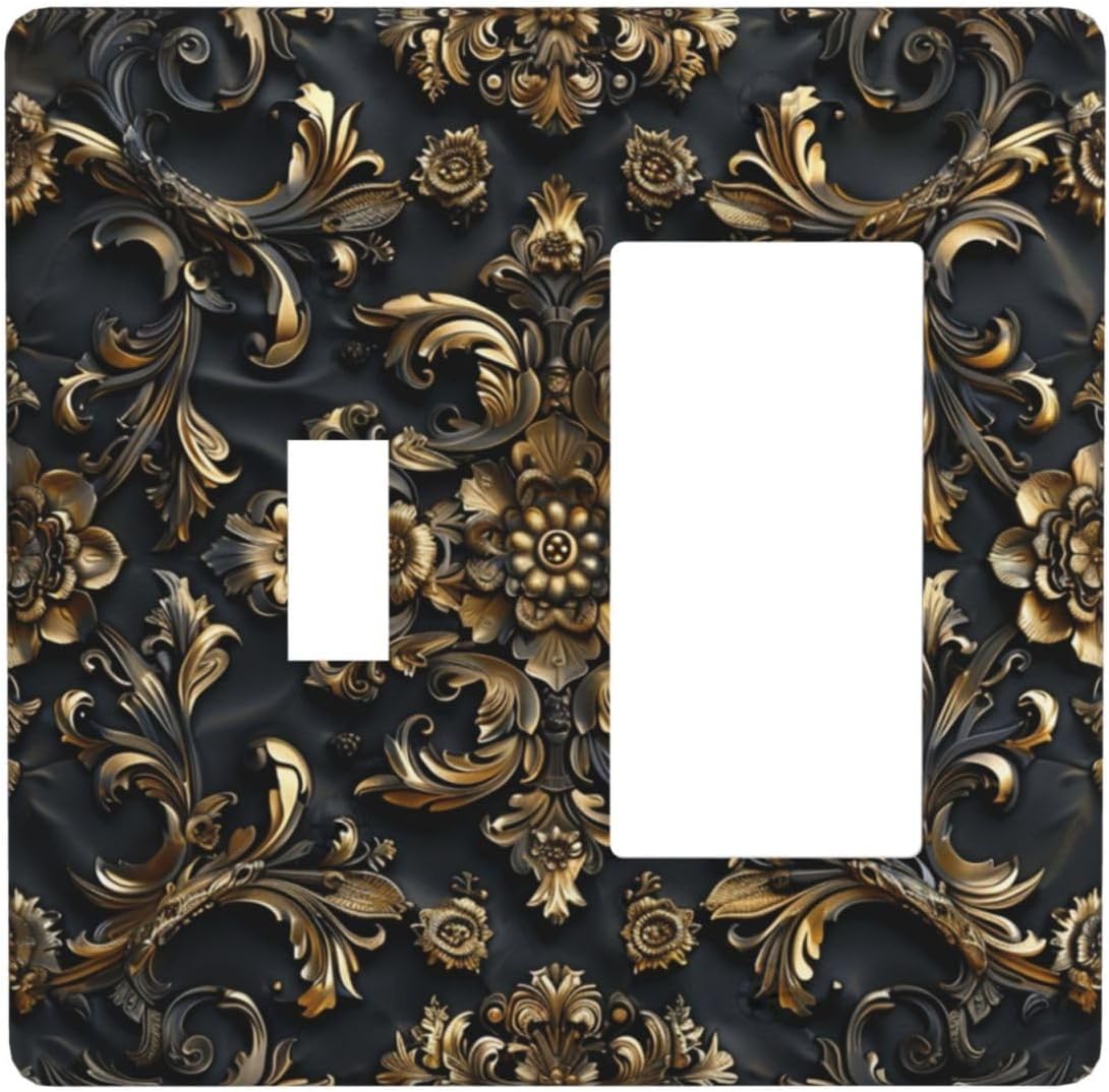 Decorative Outlet Covers Rococo Vintage Black Golden Leaf Morris Vine 2 Gang 1 Gang Wall Plate Cover Single Toggle Rocker Combo Light Switch Cover Plate Face Plate for Bedroom Decor