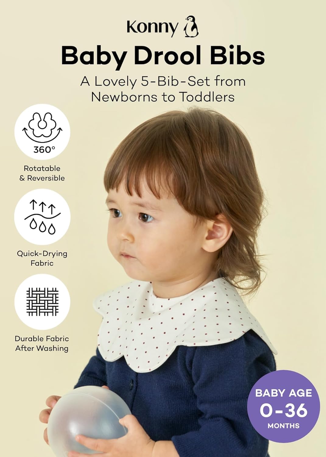 Konny Baby Bibs 5-Pack, 360 ° Rotate, Soft and Absorbent Bandana Drooling for Boys Girls baby Essentials