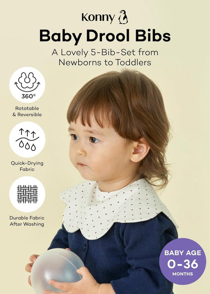 Konny Baby Bibs 5-Pack, 360 ° Rotate, Soft and Absorbent Bandana Drooling for Boys Girls baby Essentials